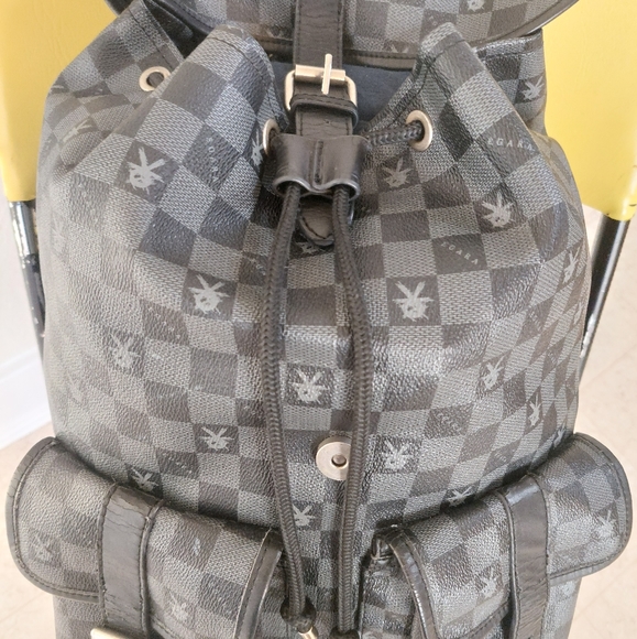 EGARA Vintage Leather Trim Monogram Backpack Checkered Black and Gray - Picture 11 of 13
